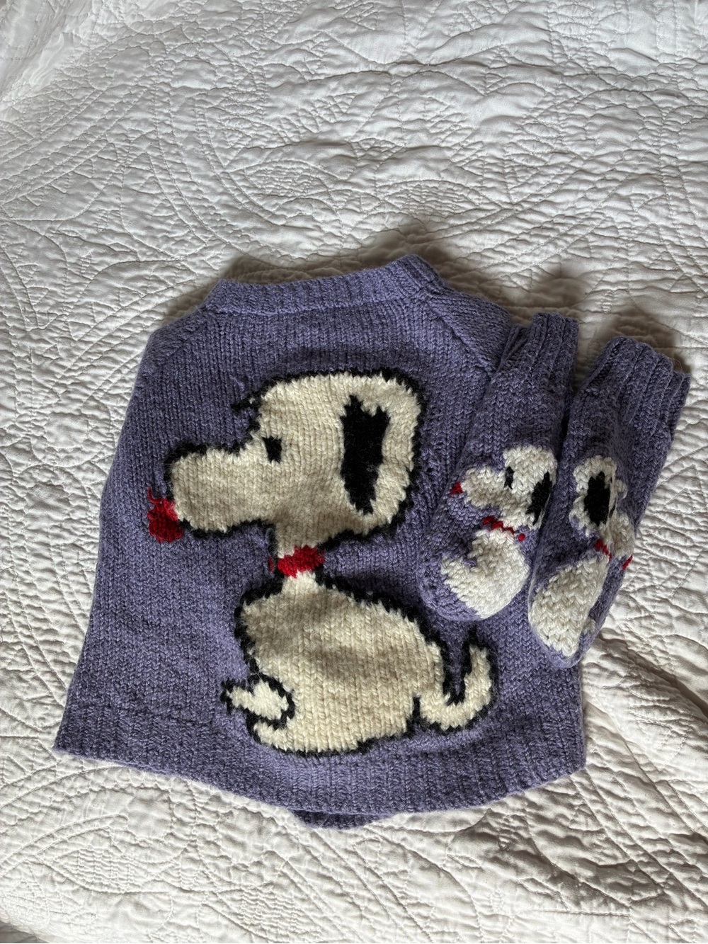 Kids Purple Snoopy Knit Matching Set - Sweater & Mittens